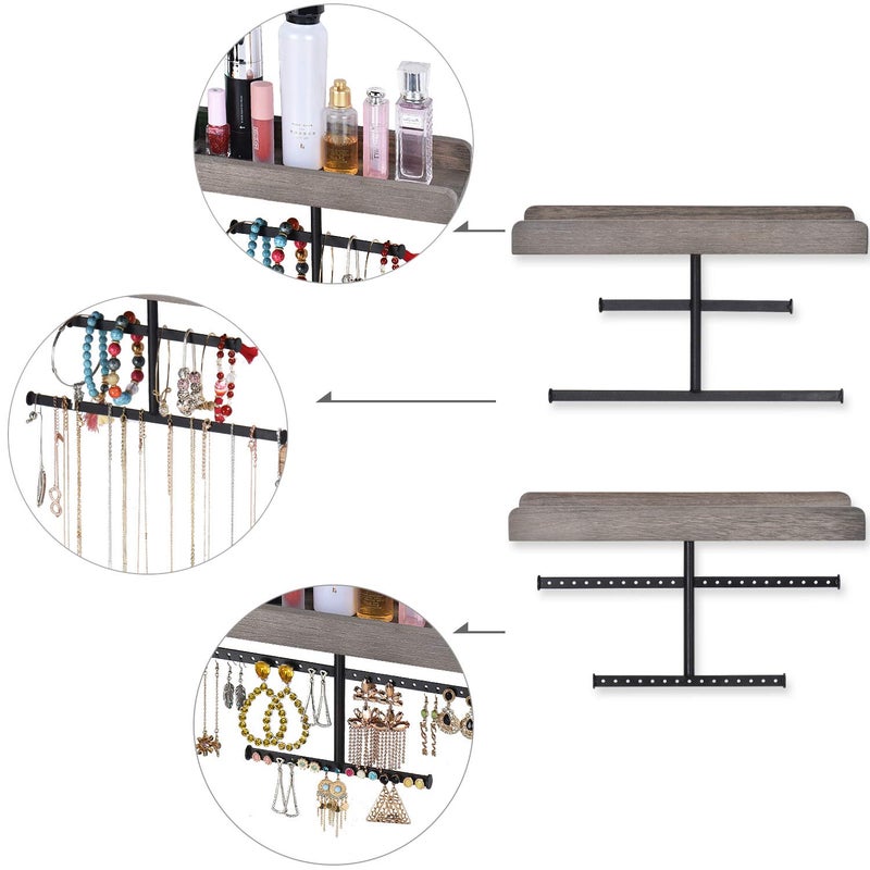 Keebofly Hanging Wall Mounted Jewelry Organizer with Rustic Wood Jewelry Holder Display for Necklaces Bracelet Earrings Ring Set of 2 Weathered Grey,[Patented] - Image 3